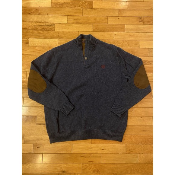 Chaps Other - Chaps Sweater Men's Medium Navy Cotton Knit Button Mock Neck Suede Elbow Patches